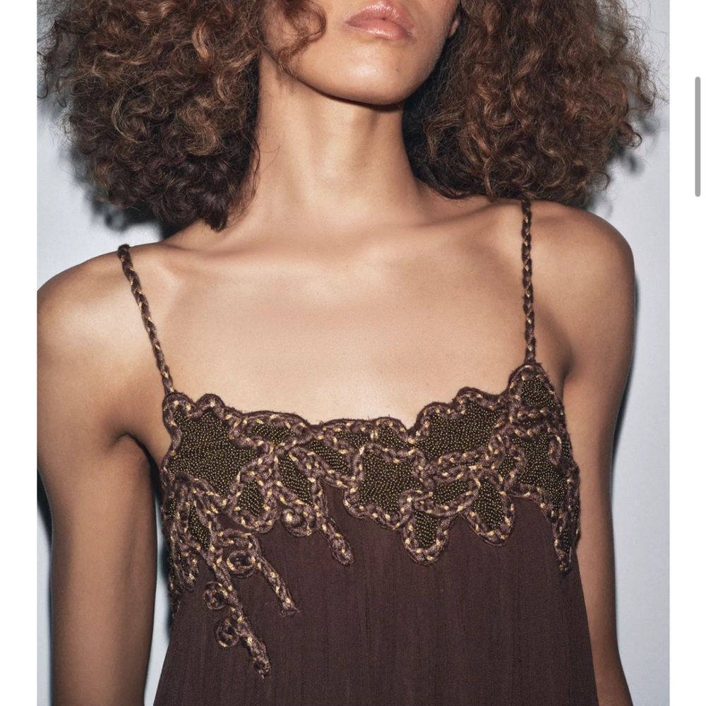 Zara NWT ZW Collection long embroidered dress brown 6895/282 - Picture 2 of 12